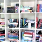 messy bookshelf