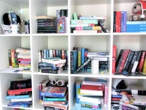 messy bookshelf