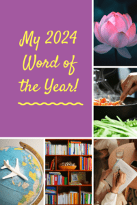 My 2024 Word of the year with photos of working, writing, reading, travel, and a flower blooming. 